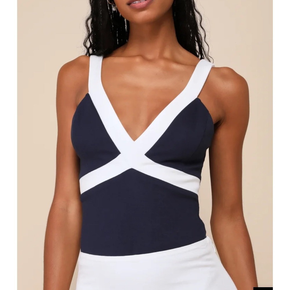 Navy White XS‎ Bodysuit Sleeveless Coastal Fisherman Aesthetic Preppy Tank New